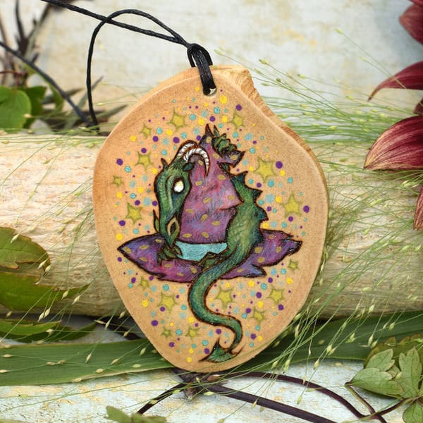 Witchy dragon hat hanging decoration. Pyrography with colour wood slice.