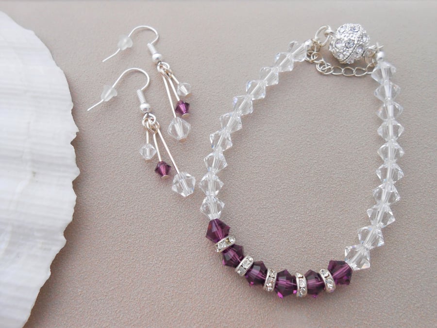 Purple and clear crystal jewellery set made by CadaBayJewellery. 
