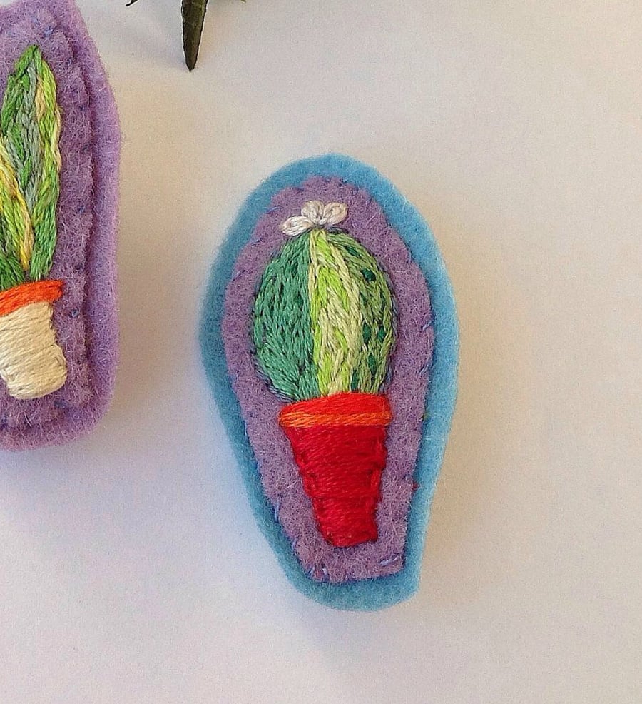 Hand Embroidered Cactus Plant Brooch