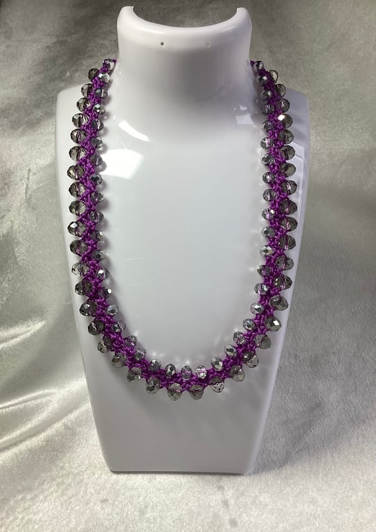 Choker, crochet necklace, purple and grey choker.