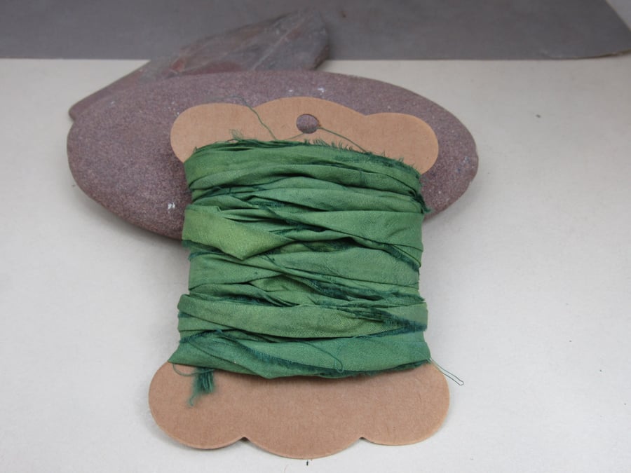 4m Weld Yellow Dark Green Hand Dyed Natural Dye Sari Silk Ribbon