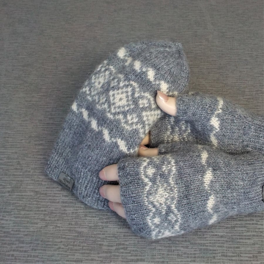 Gift set - British Masham wool beanie and gloves Fairisle design grey and cream