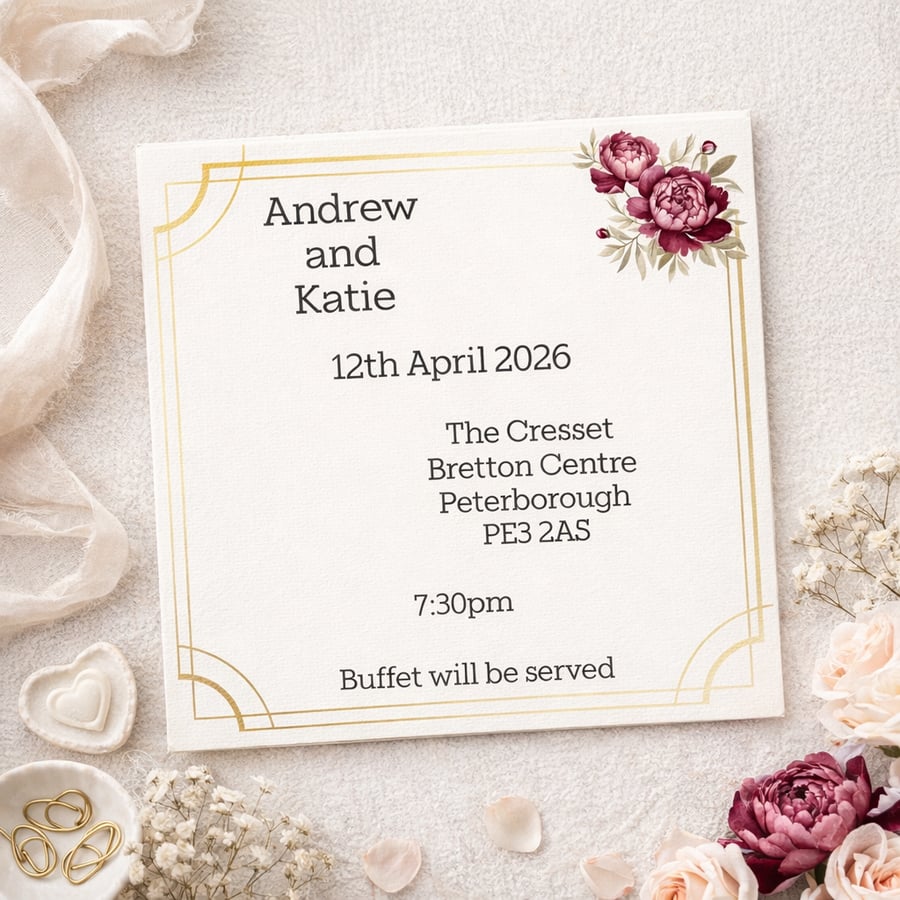 Floral Frame Essential Wedding Invitation with RSVP.  Personalised Wedding Stati