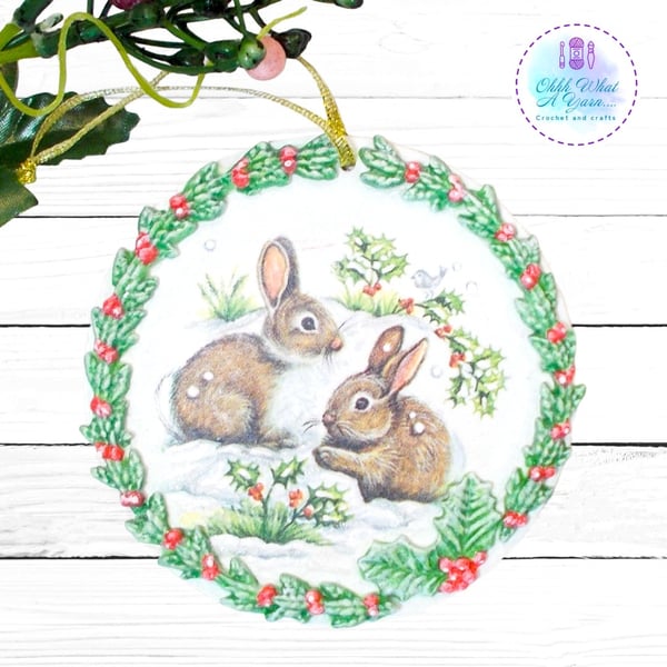 Rabbit mixed media hanging decoration. Rabbit ornament. Rabbit decoration.