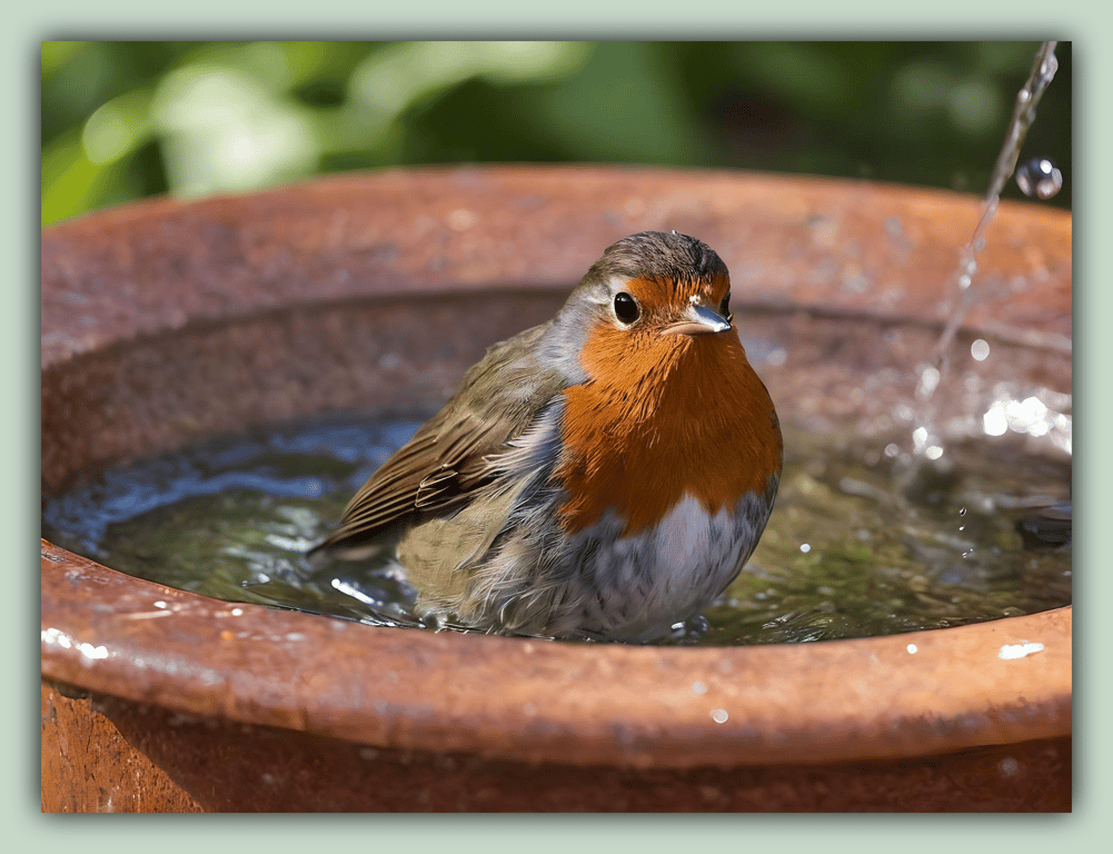 Robin In Bird Bath Blank Greeting Card A5