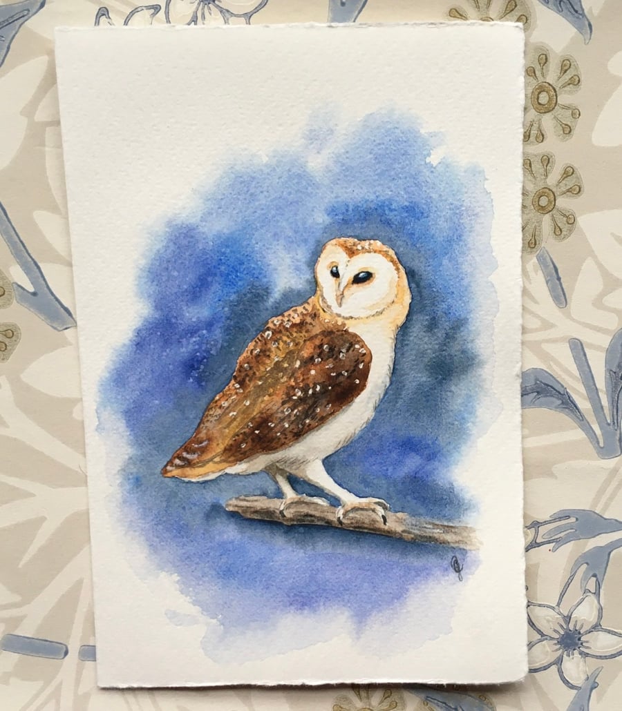 Hand painted greetings card barn owl