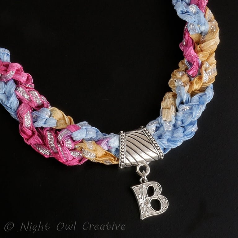 Hand Crochet Necklace made with Sari Ribbon plus FREE (optional) initial pendant