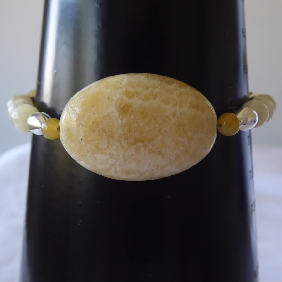 Yellow Calcite Beaded Bracelet with Large Oval Feature Stone & Sterling Silver 
