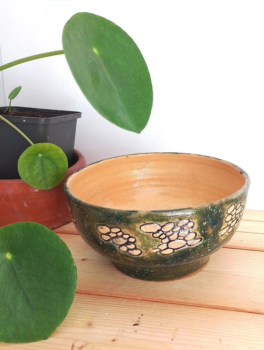 Handmade Green Pottery Footed Bowl:  Ceramic decorative Green  Serving Bowl
