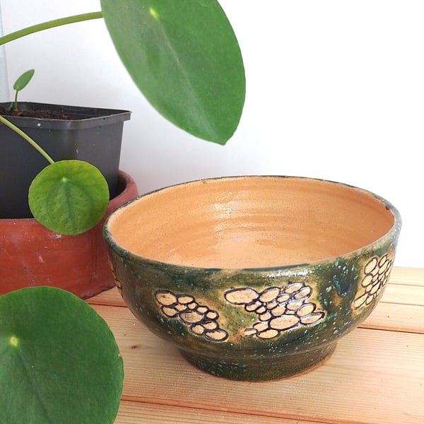 Handmade Green Pottery Footed Bowl:  Ceramic decorative Green  Serving Bowl