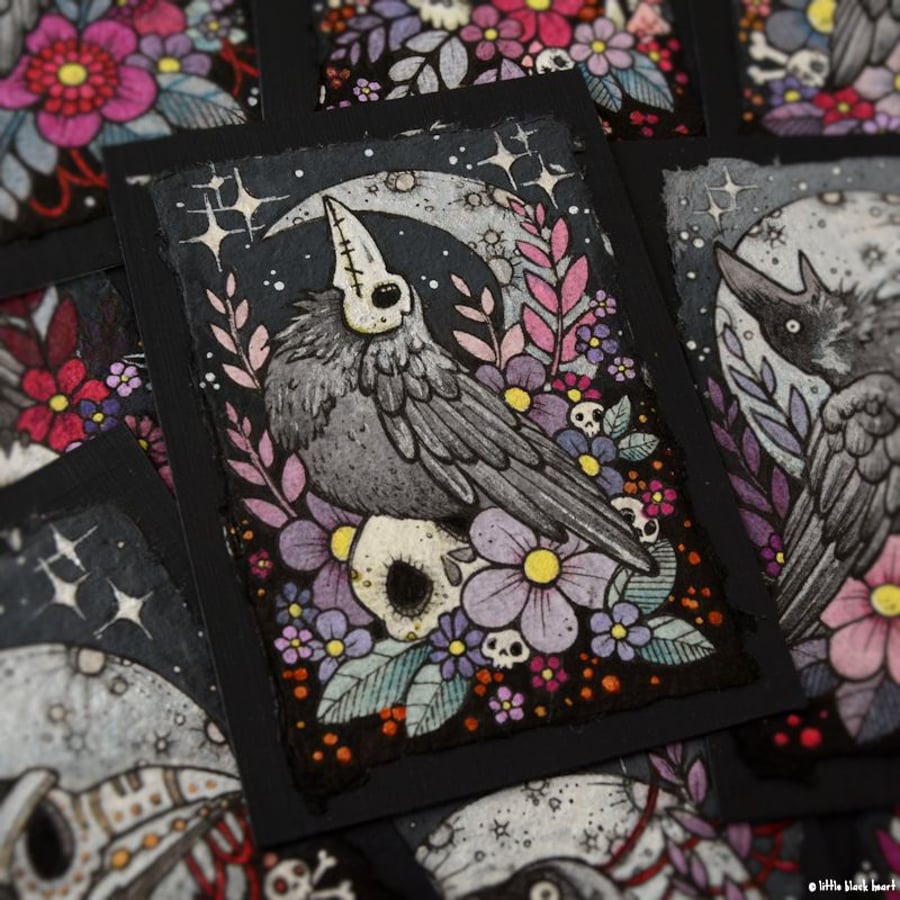 bony crow - original aceo illustration