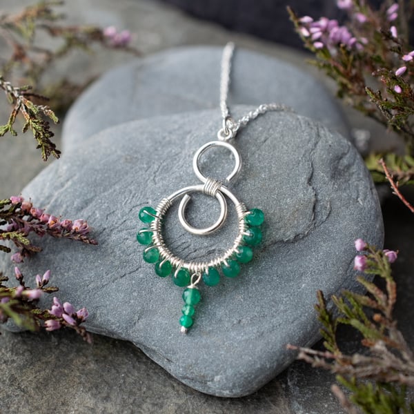 Sterling Silver Necklace with Green Onyx Gemstone Beads - Beaded Necklace