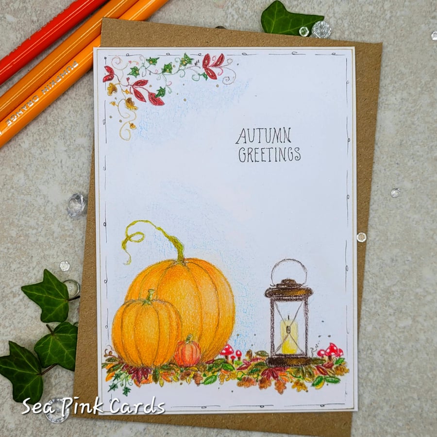 Pumpkins Card -  original hand-drawn design, blank inside, pumpkins, lantern