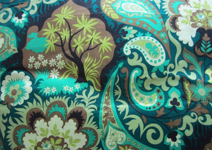 Vintage Unused 1970 s Green and Brown Paisley Floral Fabric ( 2 yards)