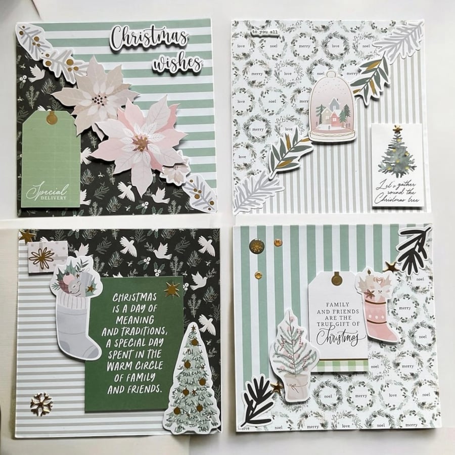 Handmade Festive Christmas Cards in Pastel Shades. Set of 4 6x6 Square Cards