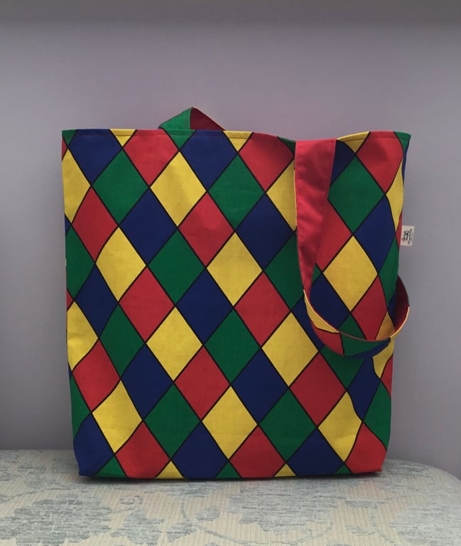 Bright and bold chequered tote bag.