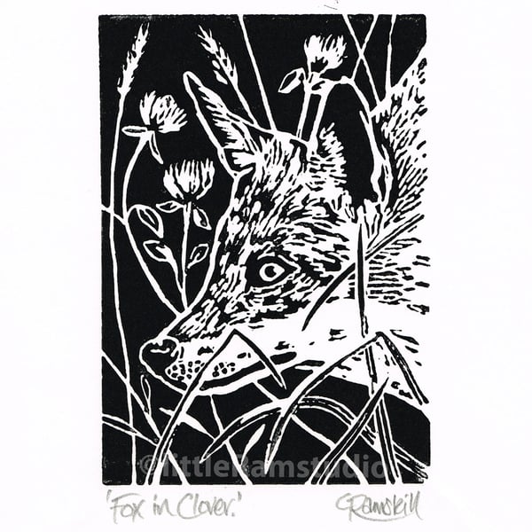 Fox Print - Fox in Clover Print - Original Hand Pulled Linocut Print