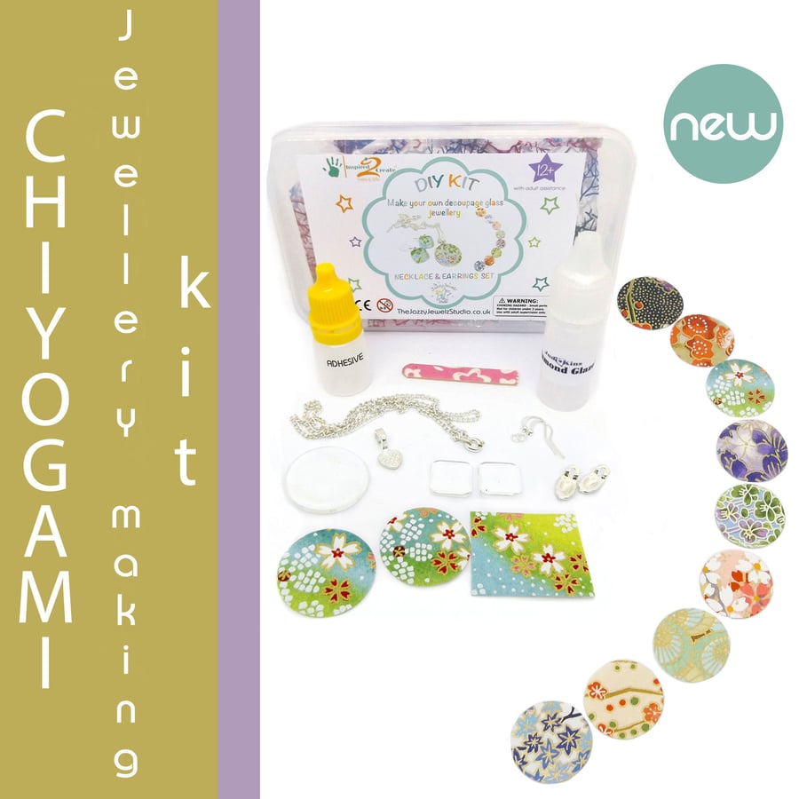 DIY Glass Jewellery Kit, Make Your Own Chiyogami paper Necklace & Earring Set 