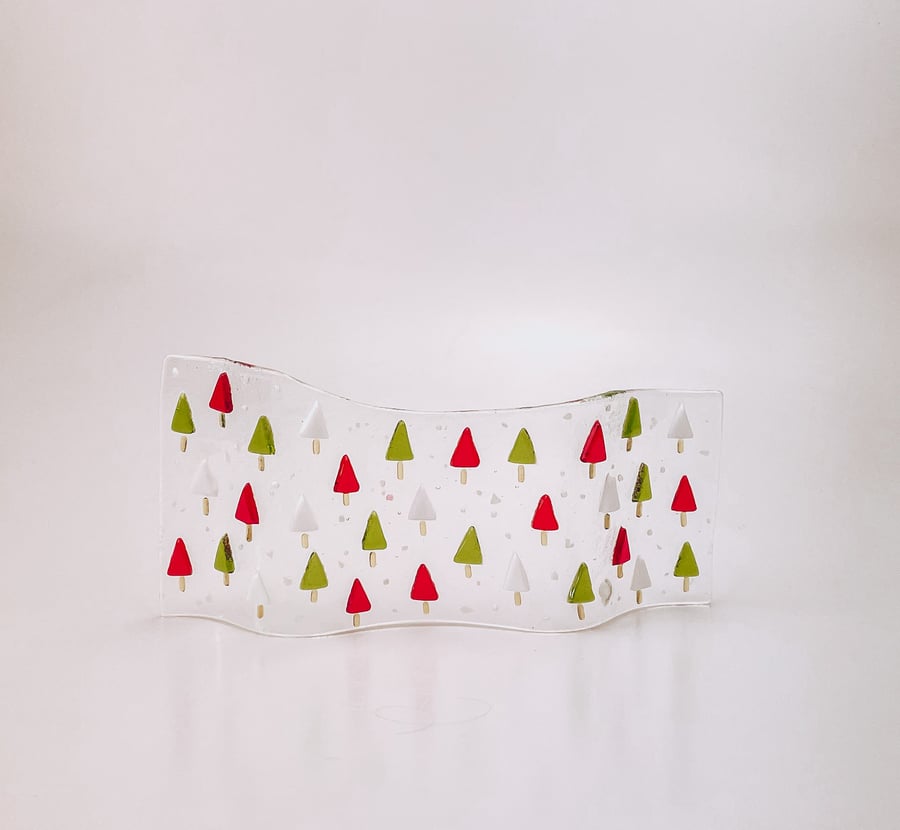 Fused Glass Christmas Tree Wave Ornament Candle Light Screen