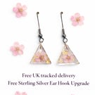 Pink Flower Triangle Resin Earrings with Gold Leaf – Lightweight Dangles