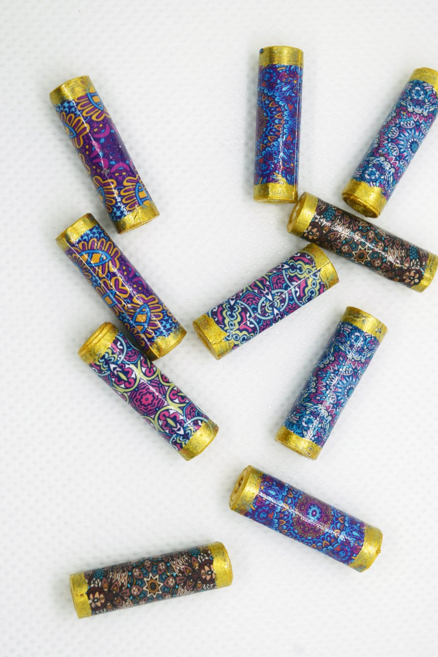 10 Mandala Pattern Paper Beads, Hand Painted and Glazed