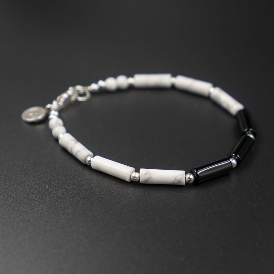 Black agate, howlite and sterling silver bracelet, Gemini gift