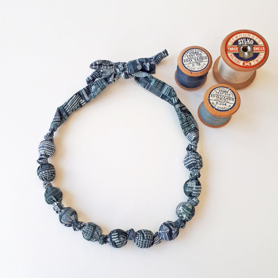 Indigo Inky Blue Grey Liberty Architecture Print Fabric Necklace - Harper City