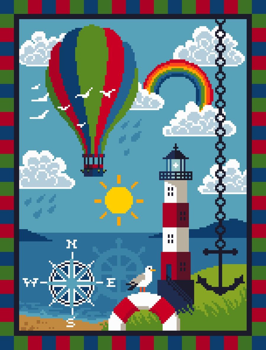 128 - Colourful Lighthouse & Hot Air Balloon - Cross Stitch Pattern