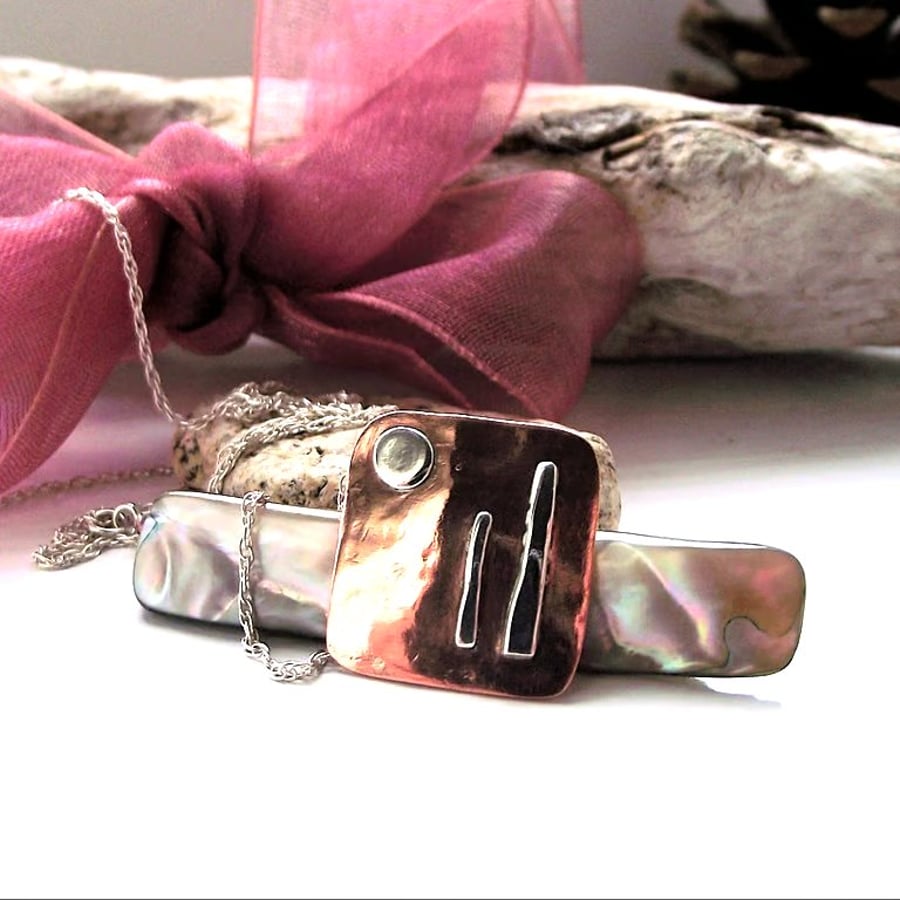 Silver and copper square pendant moon and standing stones