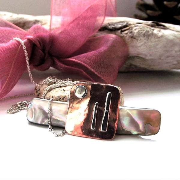 Silver and copper square pendant moon and standing stones