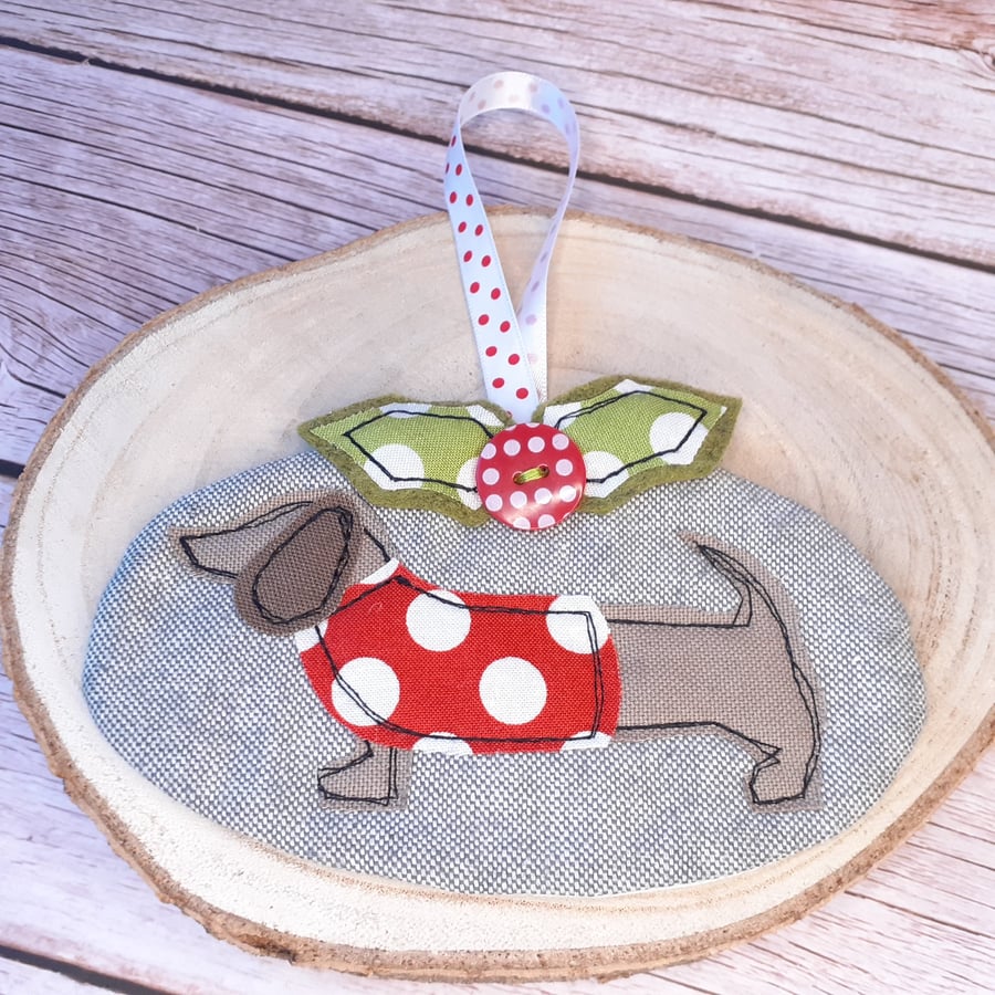 Handmade Sausage Dog Free Motion Embroidery Christmas Decoration
