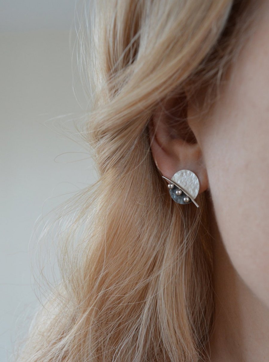 Handmade sterling silver oxidised textured disc stud earrings