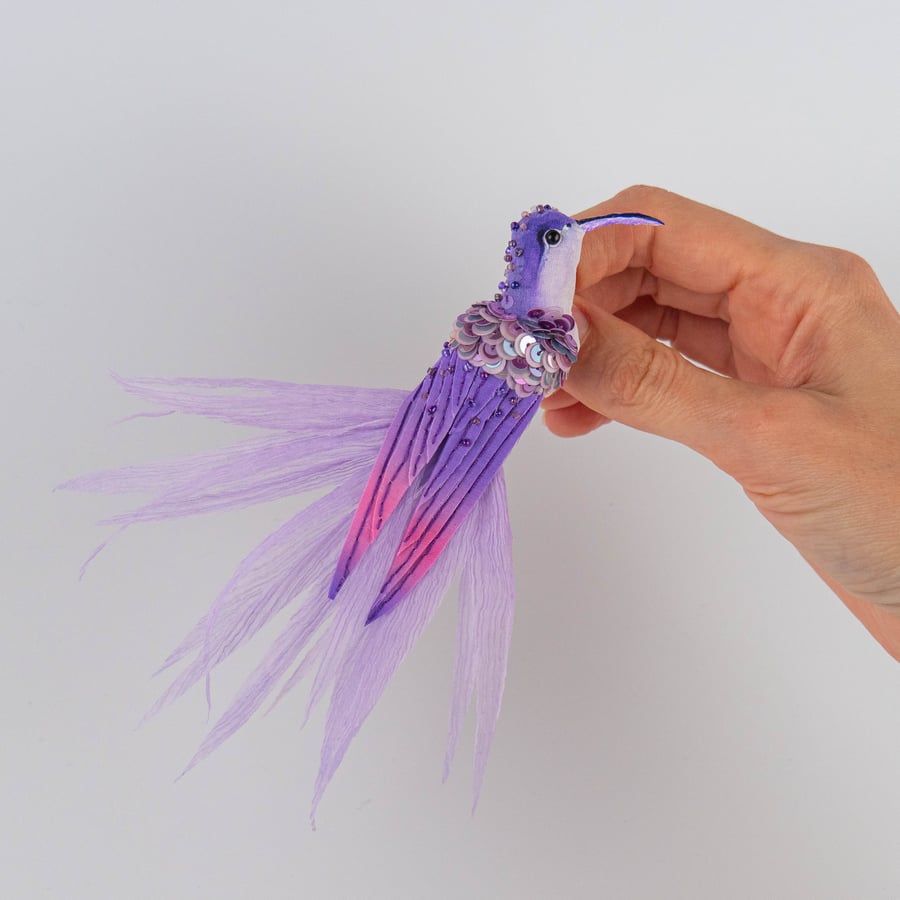 Hummingbird Purple - Handmade Textile Brooch 
