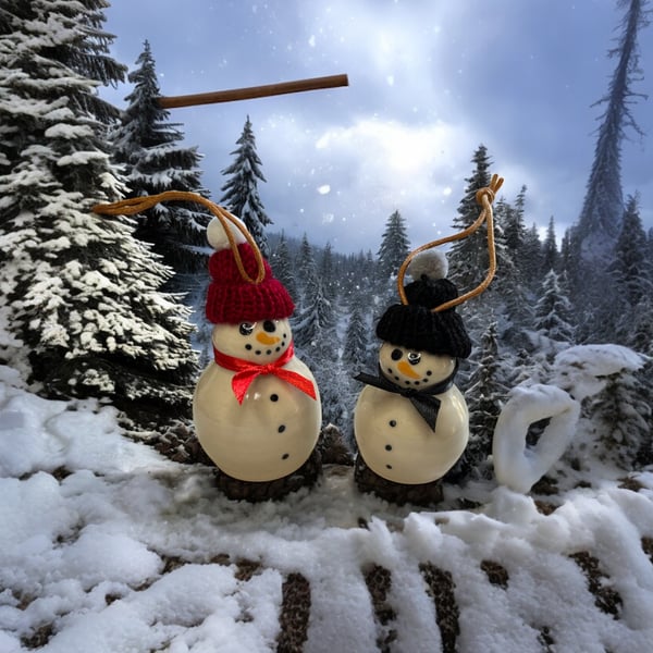 Set of 2 hand crafted Christmas Tree hanging snowmen