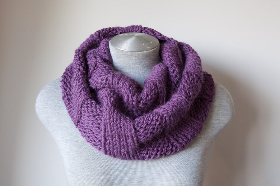 Hand knitted purple alpaca scarf. Infinity, Cowl, Circle scarf.  Super soft!