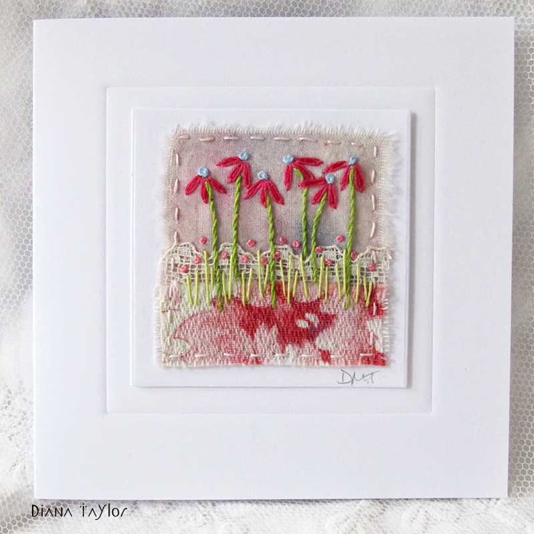 HAND EMBROIDERED VINTAGE FABRIC FLORAL TEXTILE CARD