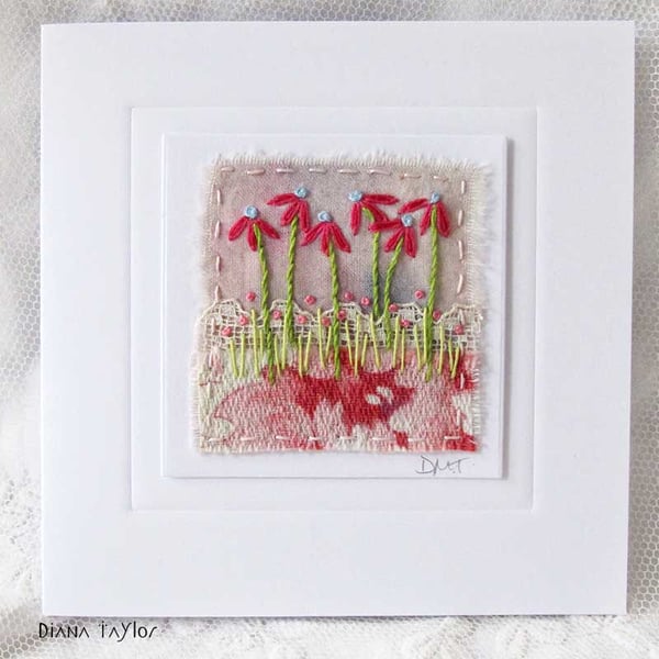 HAND EMBROIDERED VINTAGE FABRIC FLORAL TEXTILE CARD