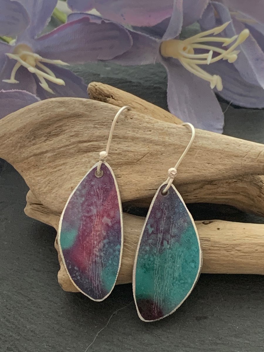 Printed Aluminium and sterling silver earrings - Turquoise, lilac and pink
