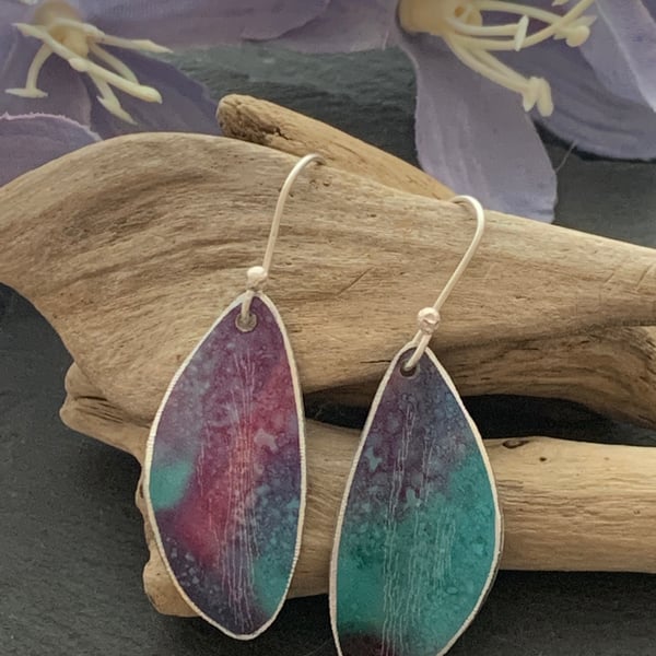 Printed Aluminium and sterling silver earrings - Turquoise, lilac and pink
