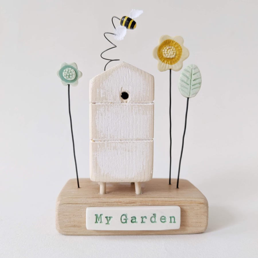Wooden Beehive With Clay Flower Garden and Bee 'My Garden'