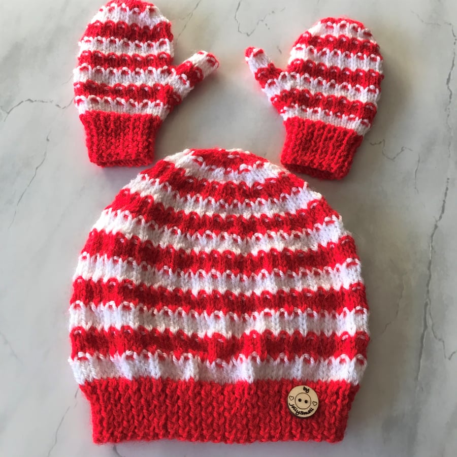 Child's beanie hat and mittens set in red and white to fit age 1 to 2 and a half