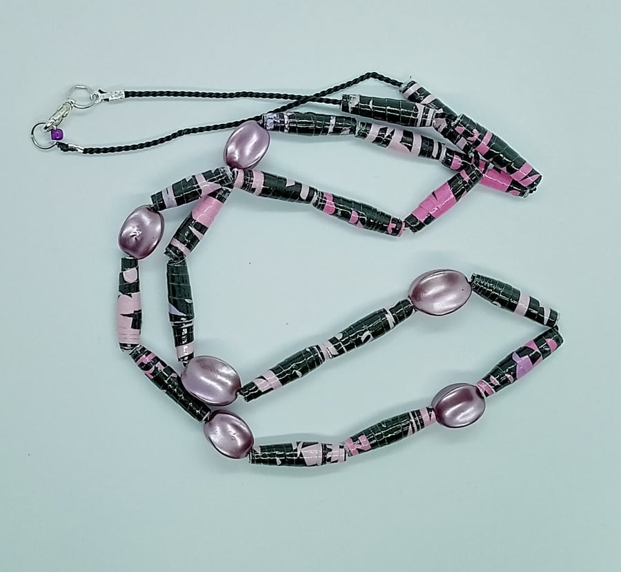 Handmade halloweiner pink and black paper bead necklace with vintage lilac beads