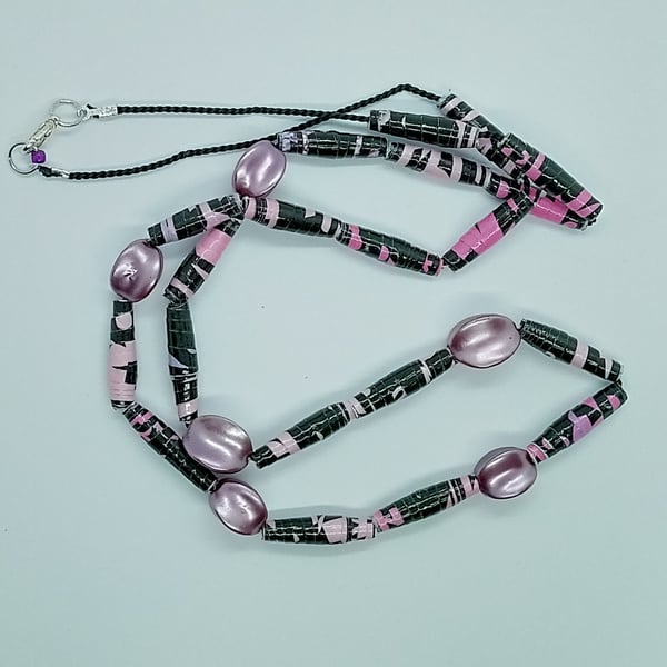 Handmade halloweiner pink and black paper bead necklace with vintage lilac beads