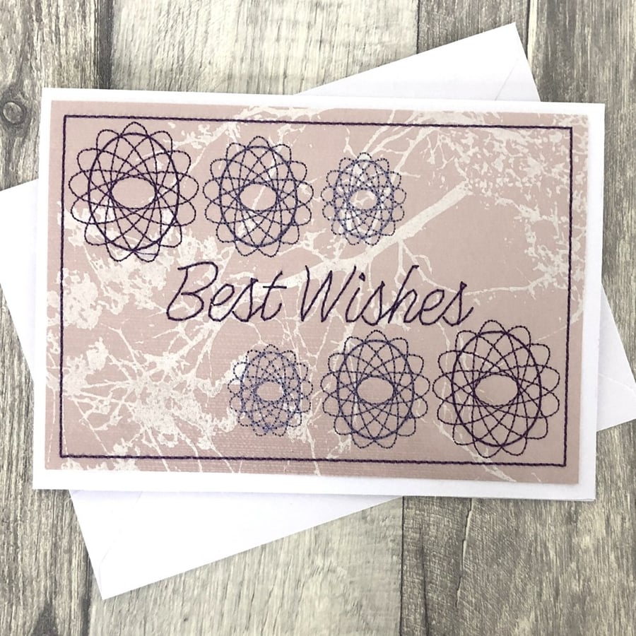 Best Wishes Spiral Pattern  5x7  White Card Handmade Embroidered