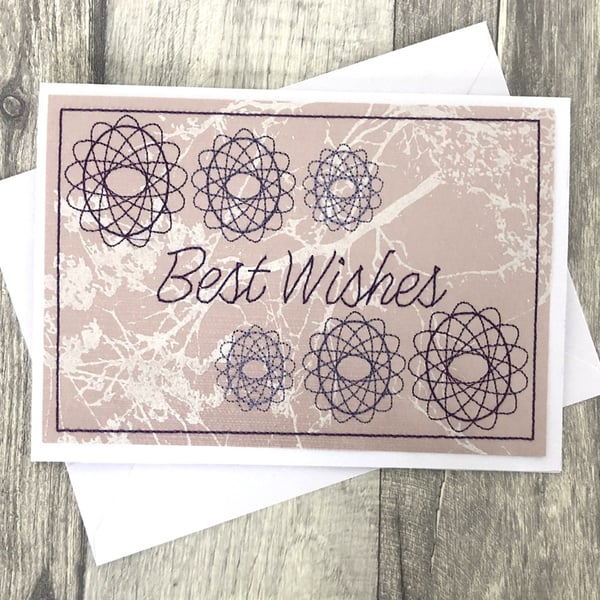 Best Wishes Spiral Pattern  5x7  White Card Handmade Embroidered