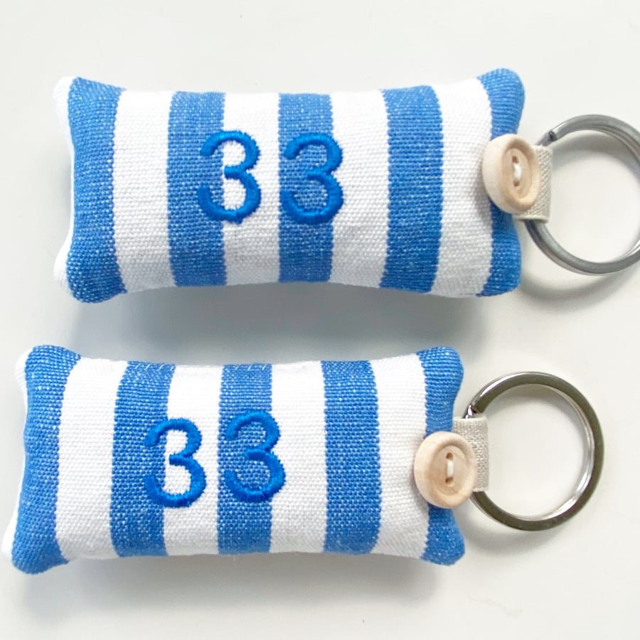 PERSONALISED KEY RING - blue and white stripes