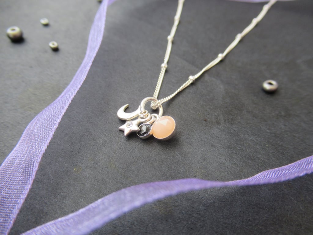 Sterling silver satellite chain moon and star gemstone cluster charm necklace
