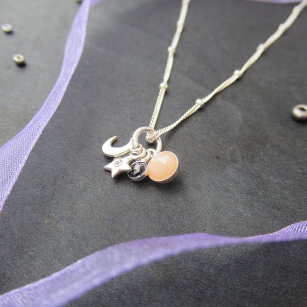 Sterling silver satellite chain moon and star gemstone cluster charm necklace