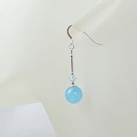 Aquamarine Blue Jade Earrings With Swarovski Crystals & Sterling Silver Tubes