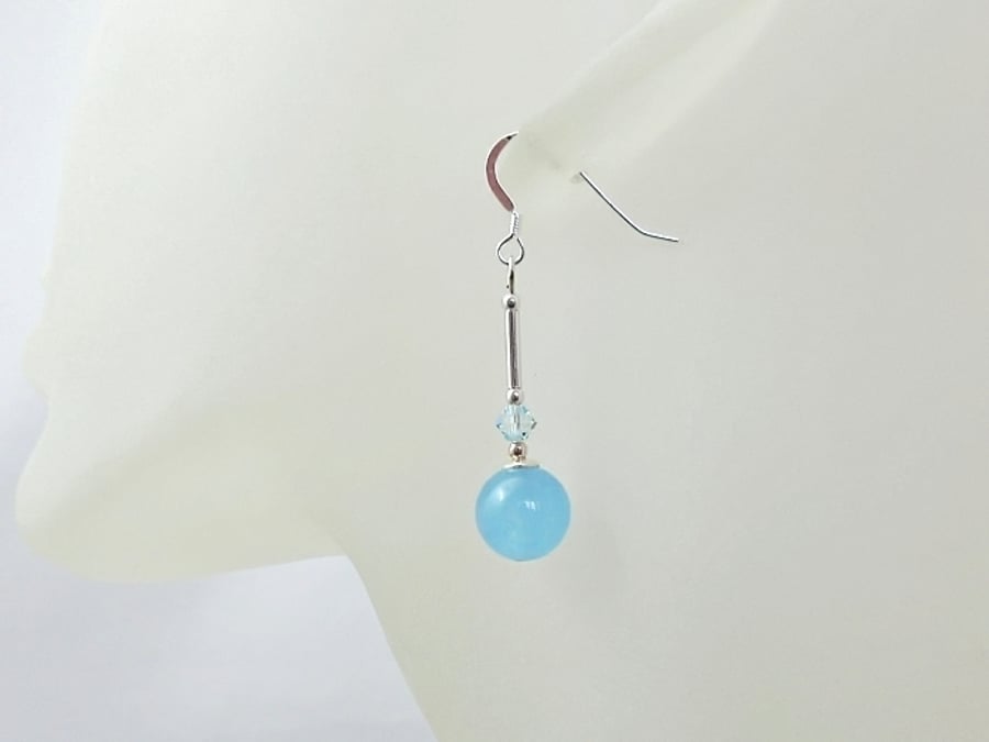 Aquamarine Blue Jade Earrings With Sparkly Crystals & Sterling Silver Tubes